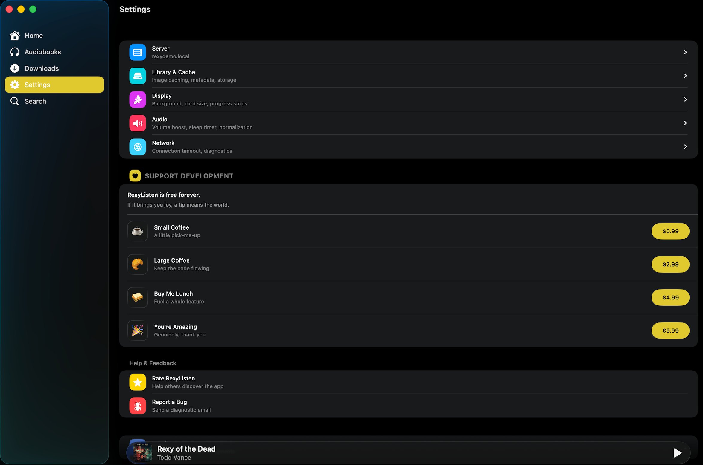 RexyListen server settings showing TLS pinning, LAN, and self-hosted configuration