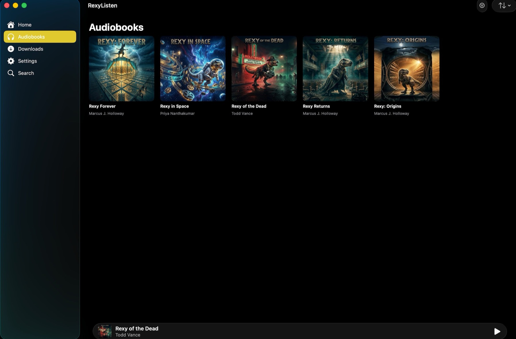 RexyListen audiobooks library with progress and profiles