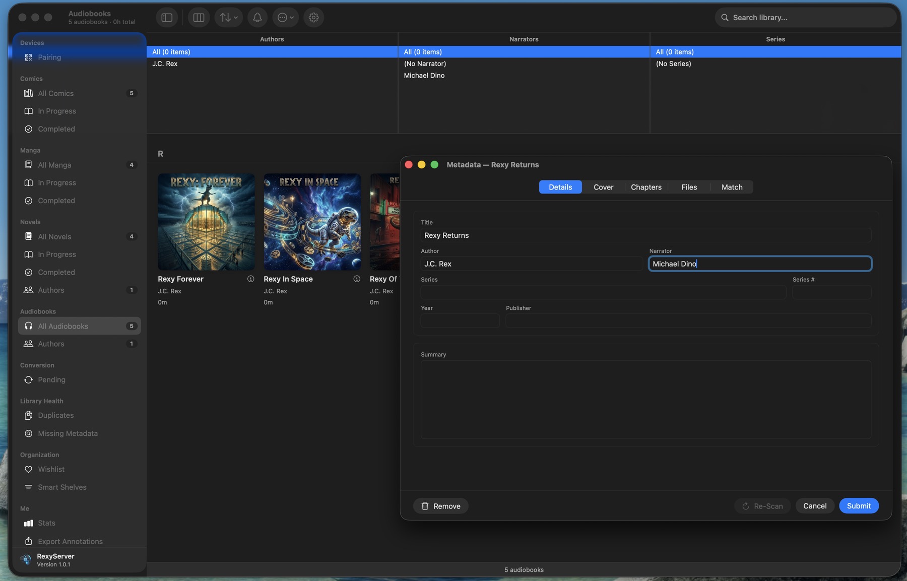 Audiobook metadata editor in RexyServer showing title, author, narrator, and series fields