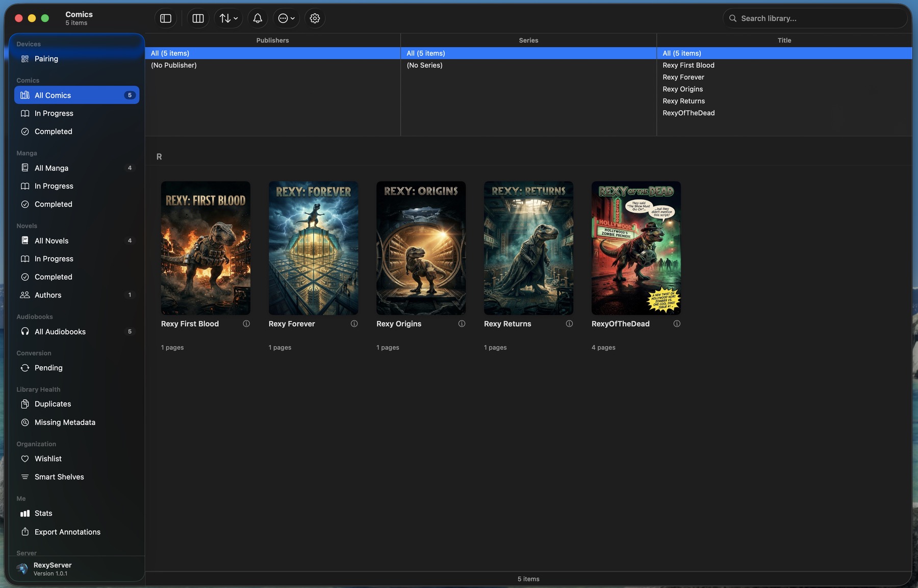 RexyServer library window showing comics with covers, sidebar with shelves, and library health tools