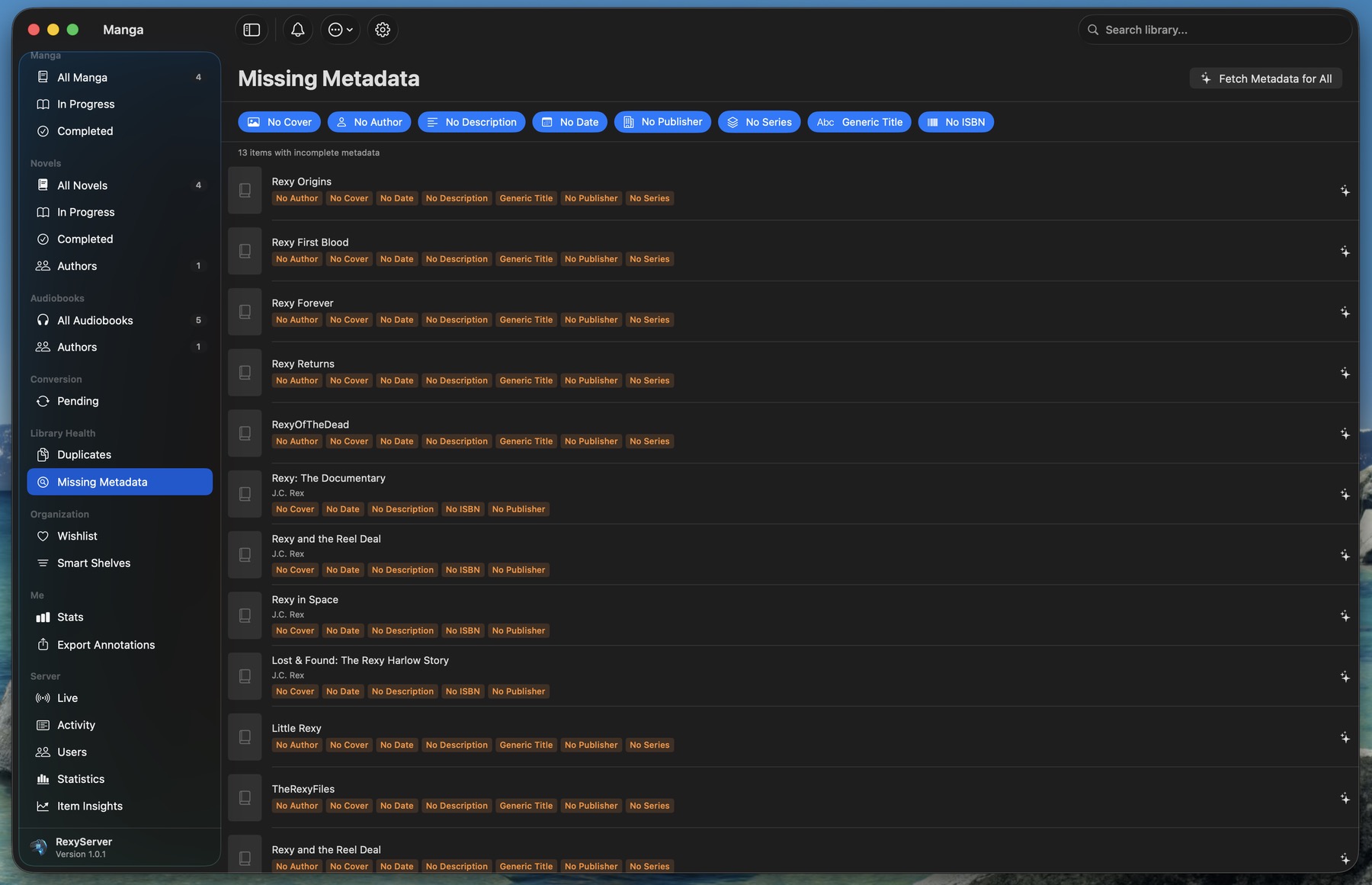 Missing Metadata view in RexyServer showing items with no cover, author, or description