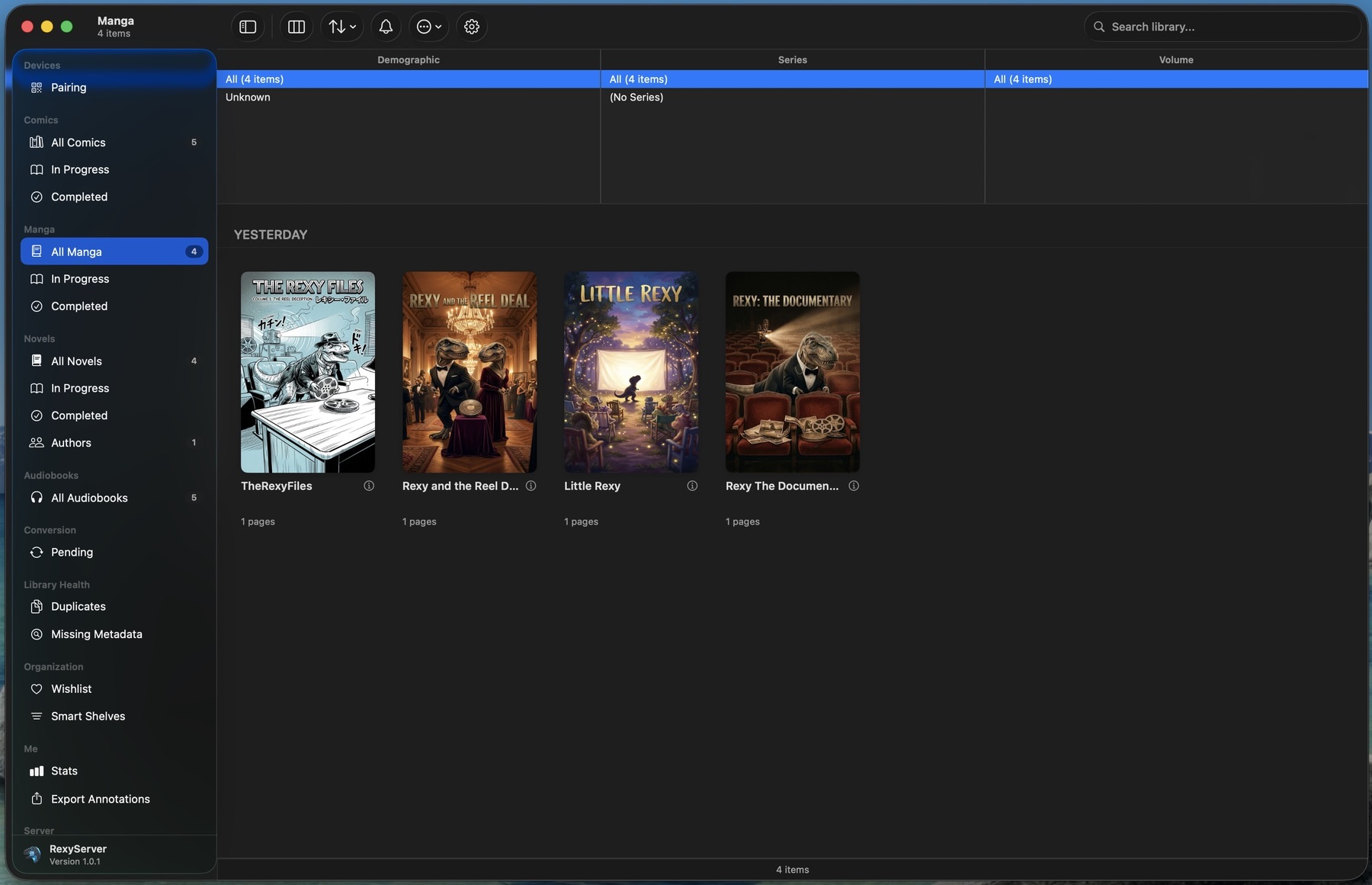 Manga library in RexyServer with demographic, series, and volume column browser