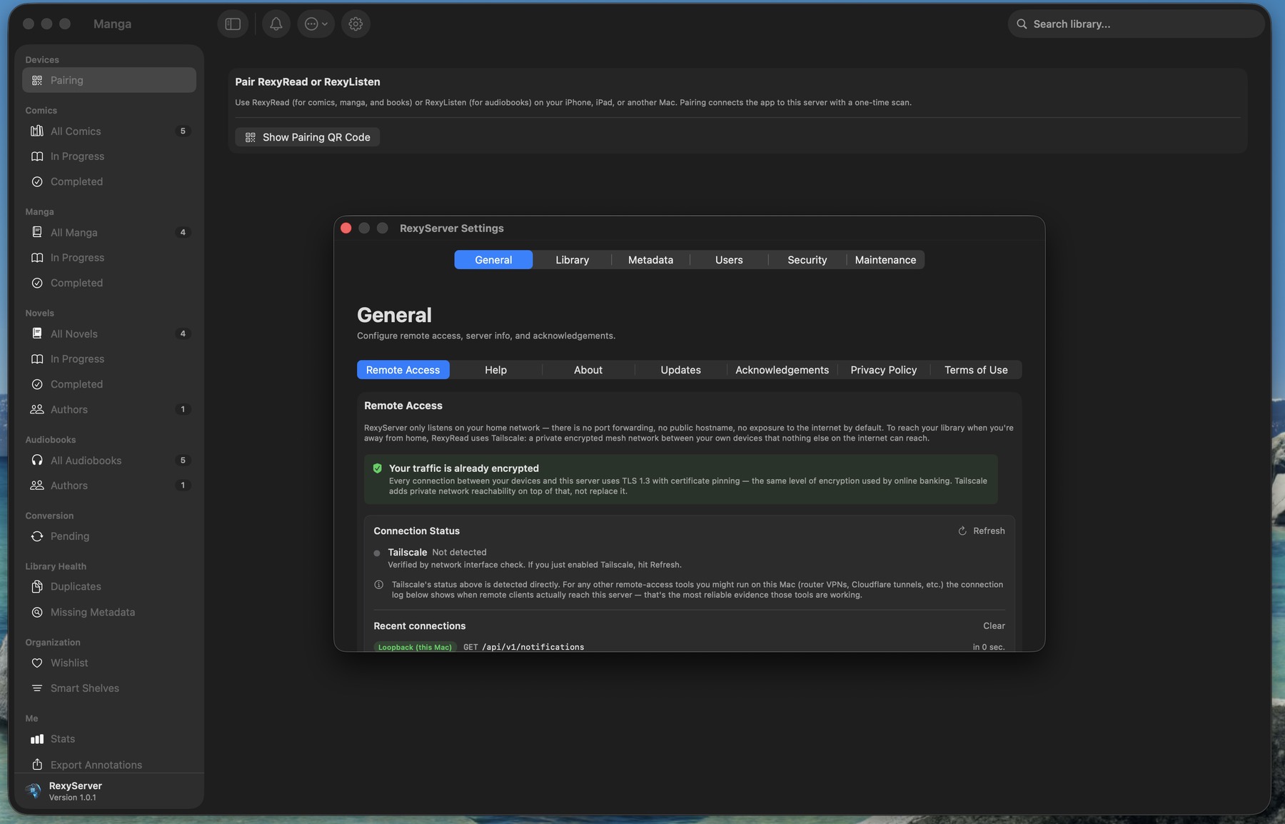 RexyServer General settings showing remote access status, TLS encryption indicator, and Tailscale detection