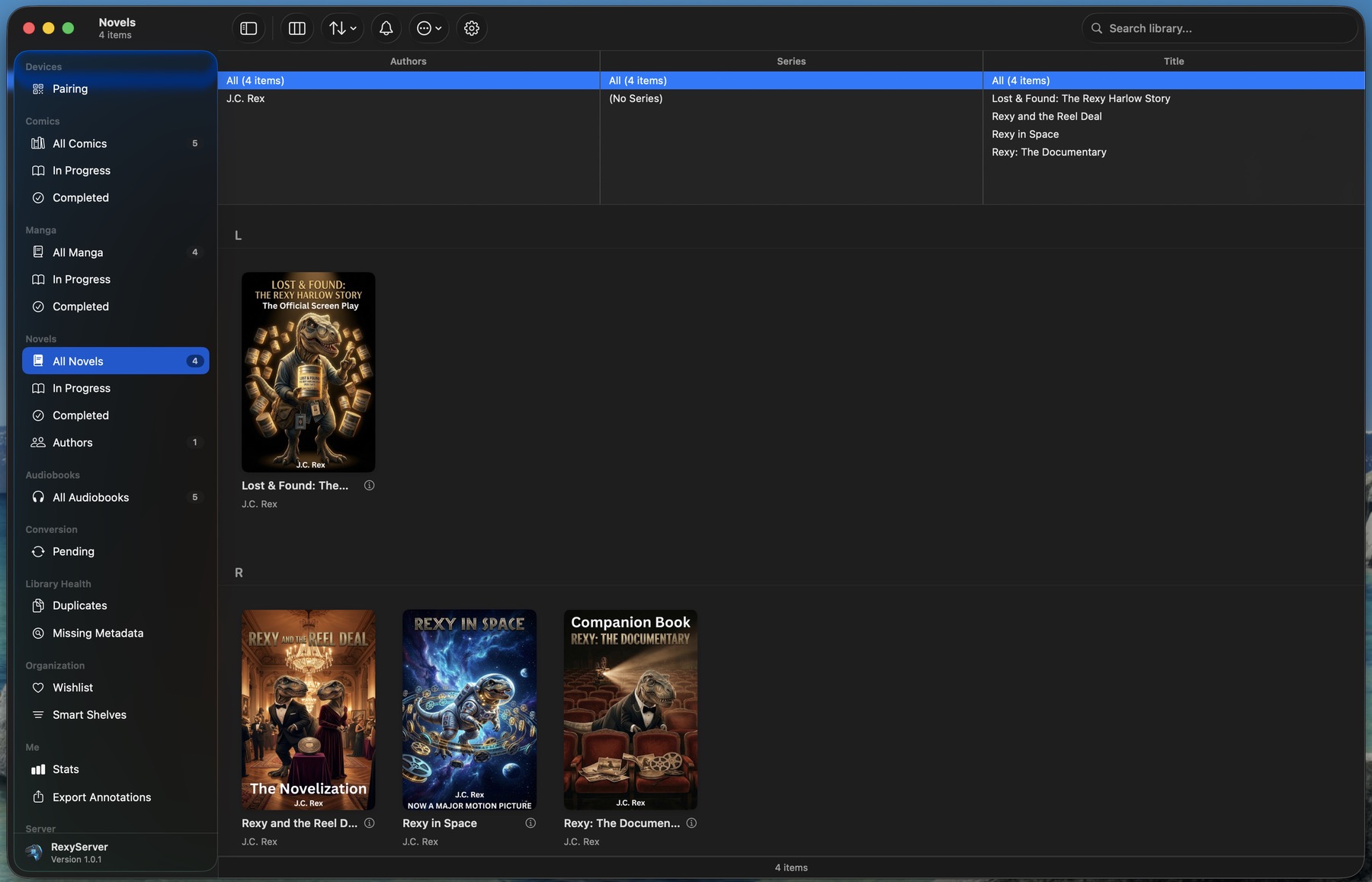 Novels view in RexyServer grouped by author with cover art