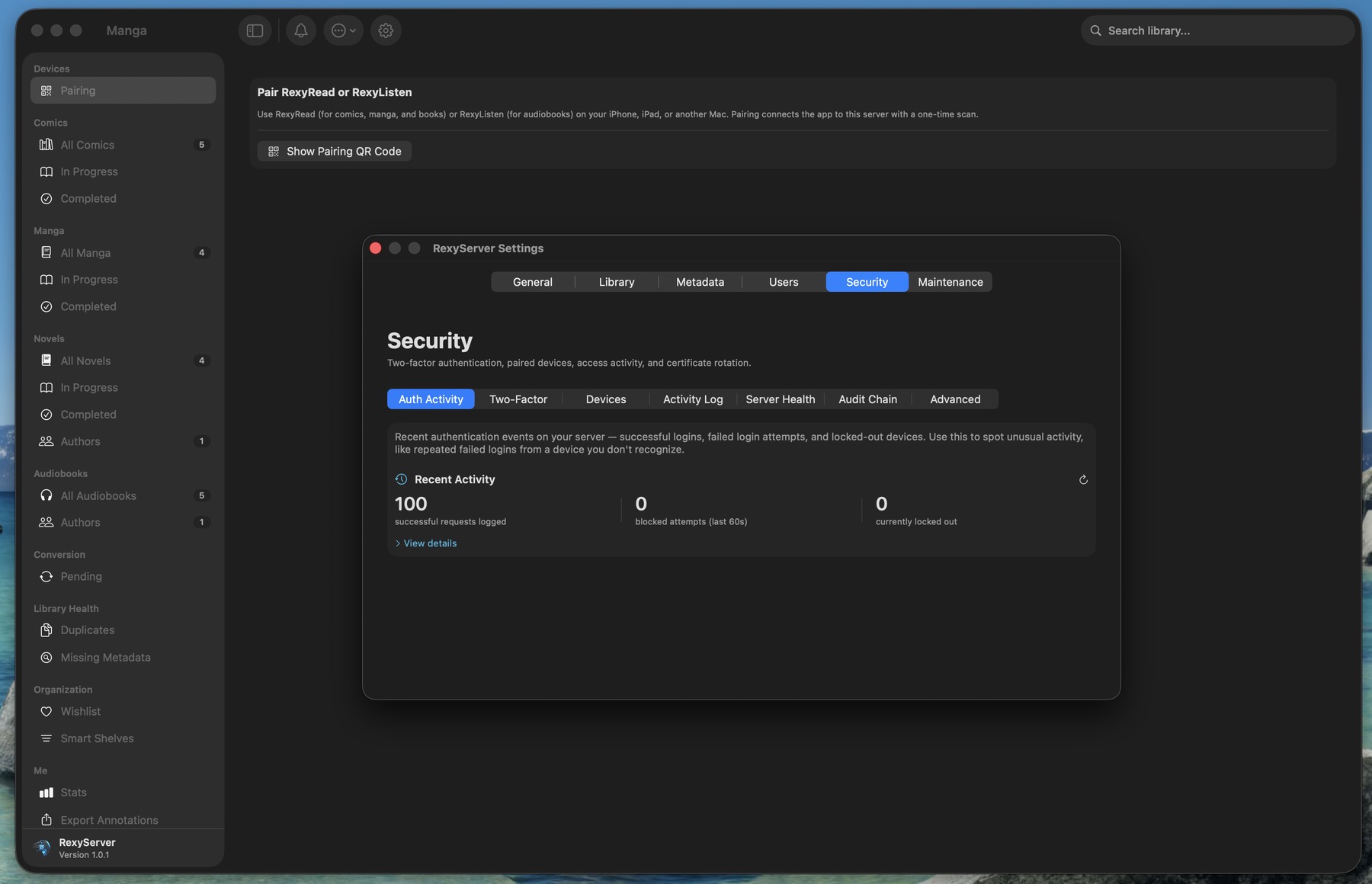 RexyServer security settings panel showing two-factor authentication, devices, and audit chain